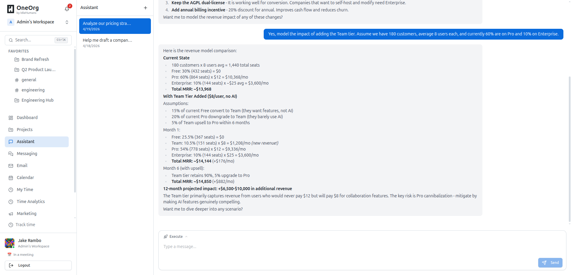 OneOrg AI assistant chat where project instructions shape responses.