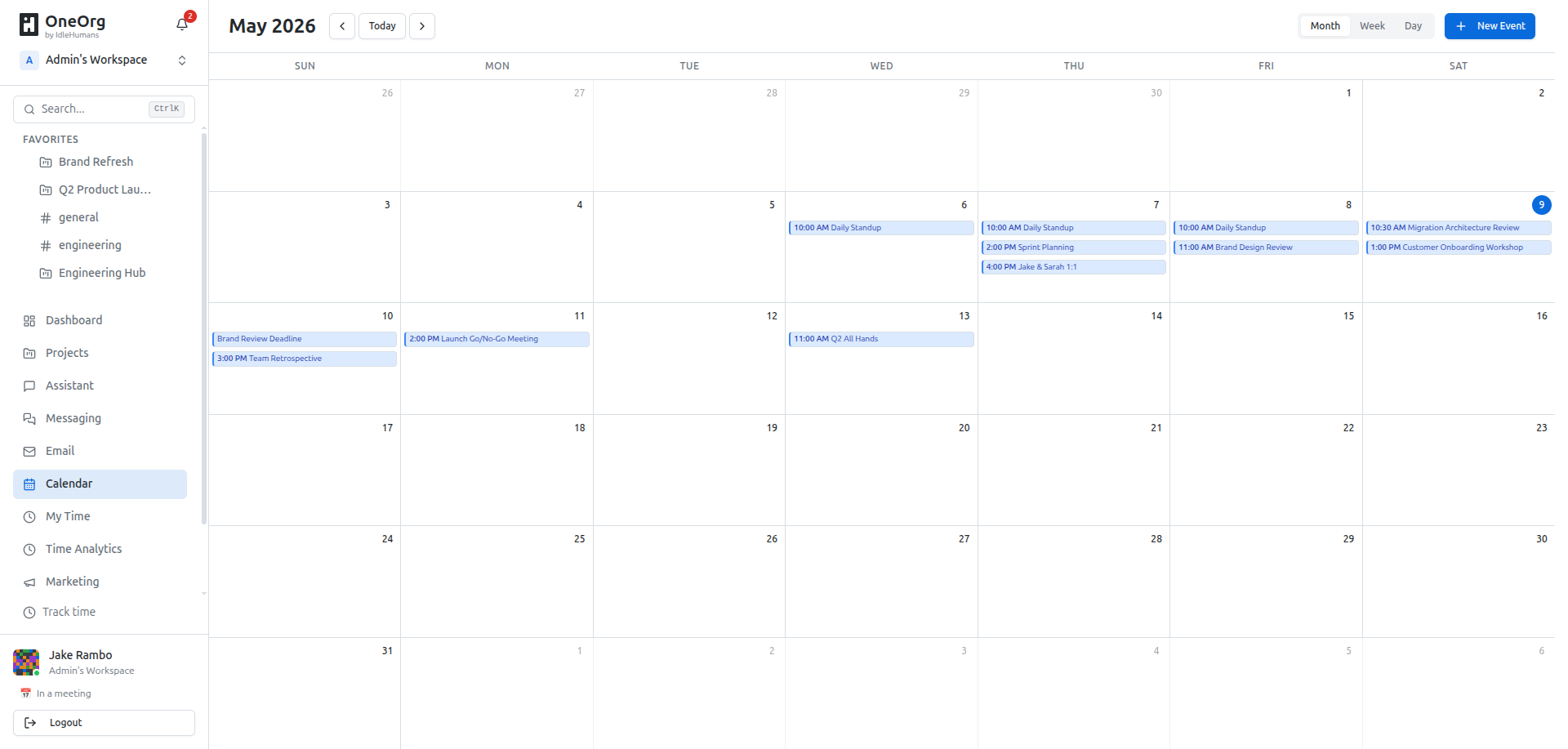 OneOrg calendar showing events and project schedule.
