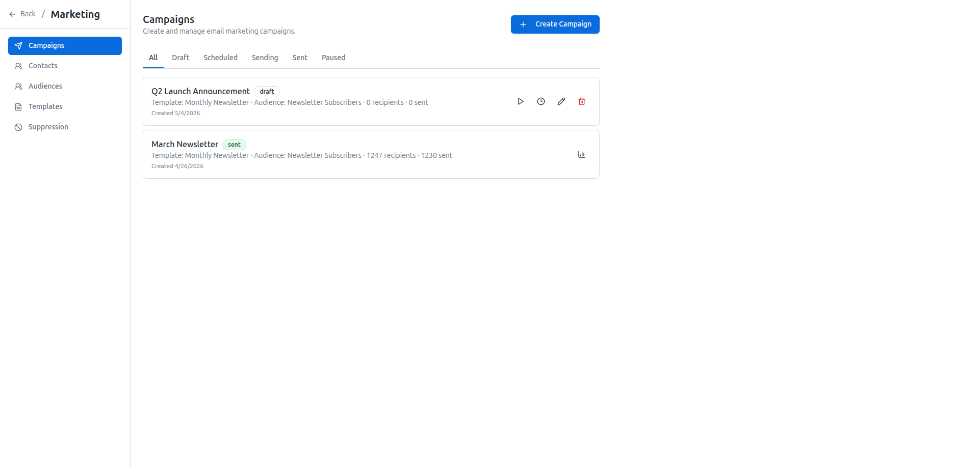 OneOrg marketing module showing campaigns, audiences, and templates.