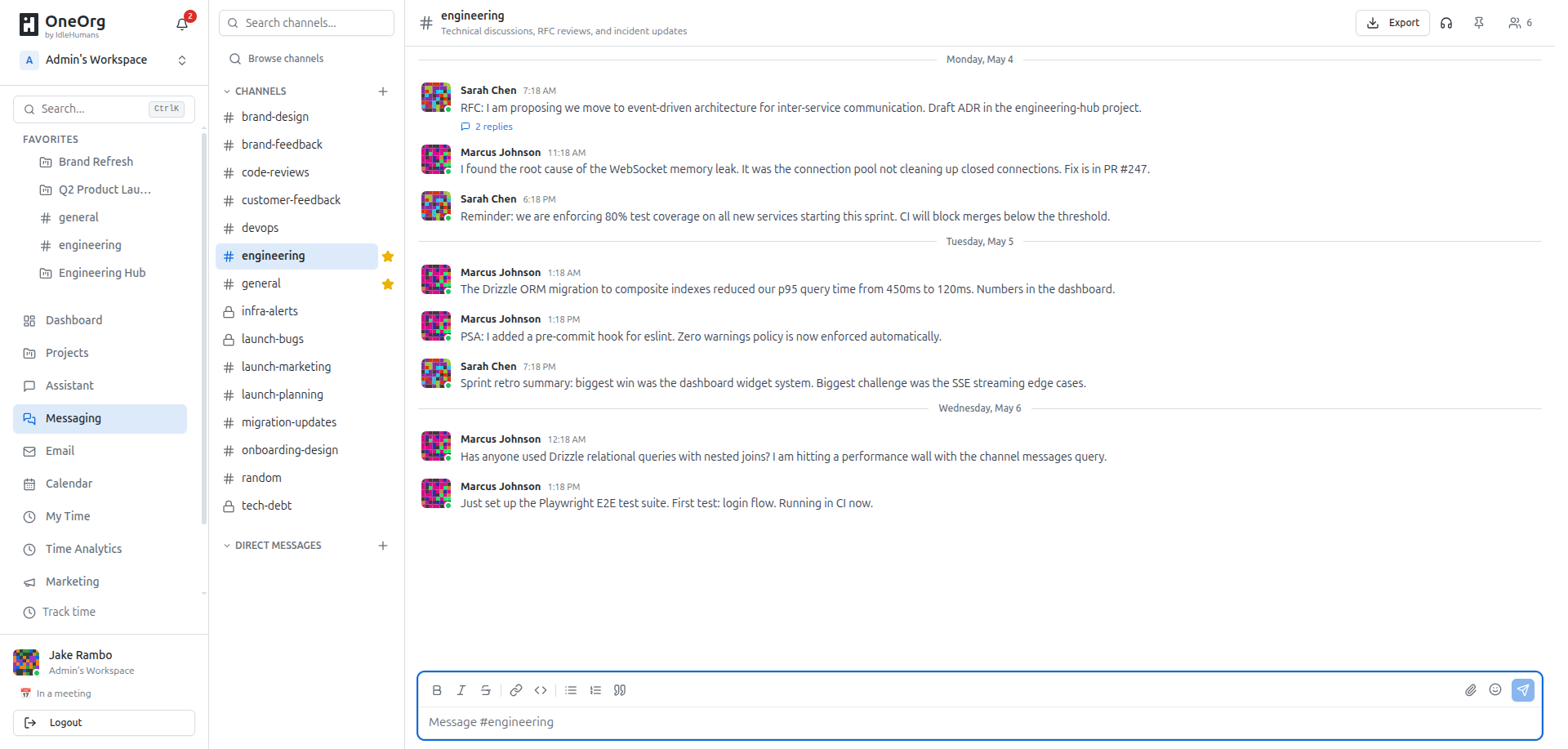 OneOrg messaging UI showing channels where huddles attach.