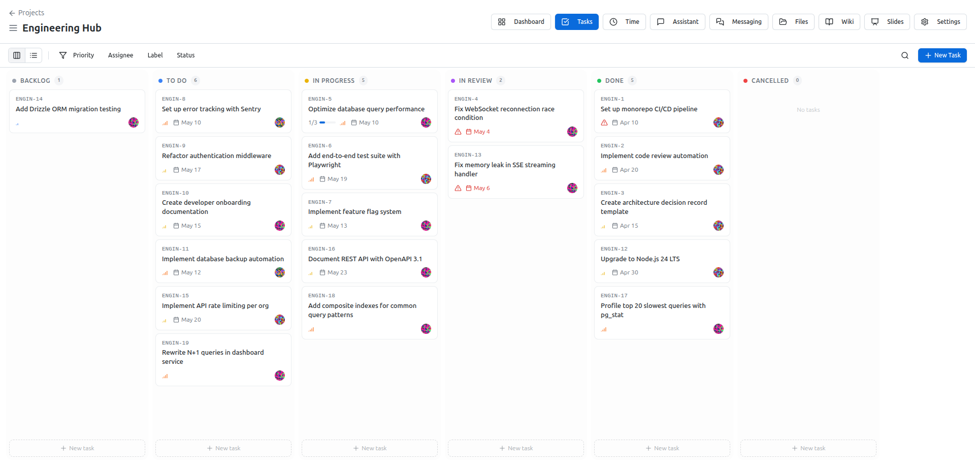 OneOrg tasks board where time entries are recorded against work.
